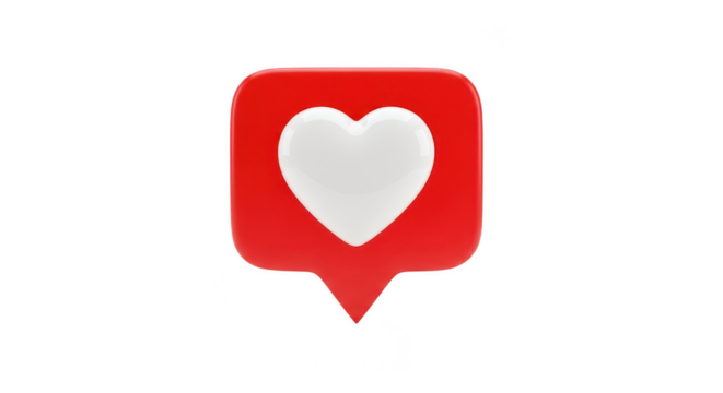 3D Red Speech Bubble with White Heart; Transparent Background, PNG