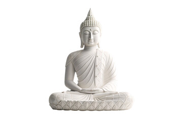 Fototapeta premium White Buddha statue in meditation pose with ornate robes and lotus base, isolated on a transparent background