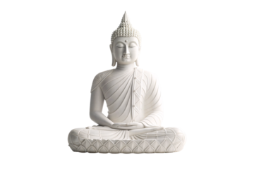 White Buddha statue in meditation pose with ornate robes and lotus base, isolated on a transparent background