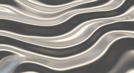 Abstract flowing metallic liquid ripples with smooth, dynamic silver and grey waves, creating a captivating and modern reflective surface texture for backgrounds and design projects.