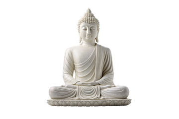 Serene white Buddha figure seated in lotus position with detailed carved features, isolated on a transparent background