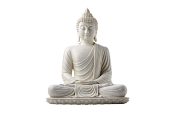 Serene white Buddha figure seated in lotus position with detailed carved features, isolated on a transparent background