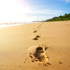 Footprints in golden sand leading to the ocean