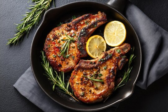Two pan-seared pork chops, seasoned and garnished with rosemary sprigs and lemon slices, in a cast iron skillet