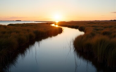 Saltmarsh along the Delaware coast in USA in late afternoon sun. Also known as a coastal salt marsh or tidal marsh it is located between land and brackish water that is regularly flooded by the tides.