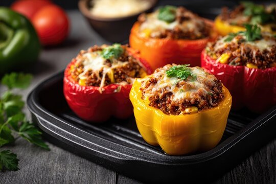 Colorful bell peppers stuffed with savory mixture, ready to be served