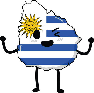 A Cheerful Cartoon of Uruguay with its Flag and National Sun Symbol