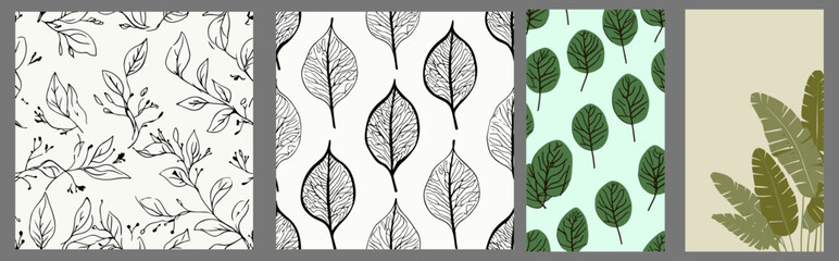 Elegant Leaf Pattern Pack – 4 Seamless Botanical Designs Featuring Minimal, Stylized, and Tropical Leaves for Eco-Friendly Packaging, Textile, and Branding