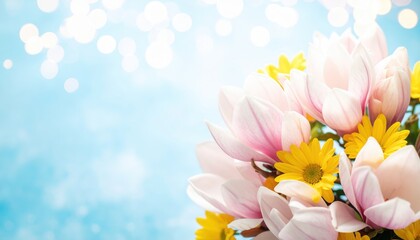 Obraz premium Beautiful bouquet of pink magnolia and yellow daisy flowers on bright blue bokeh background, fresh spring floral arrangement for design, greeting cards, wedding decor, and seasonal celebration
