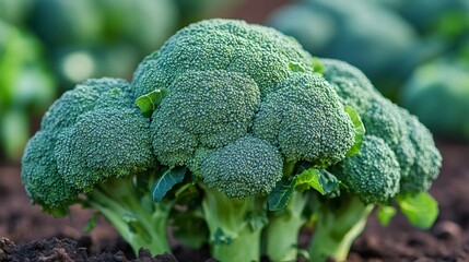 Broccoli growing in the field, close up of fresh green vegetable