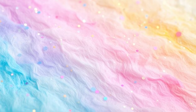 Pastel rainbow gradient fluffy texture with sparkling confetti, soft dreamy background in pink, blue, purple, and yellow tones, perfect for design, party themes, and whimsical creative projects