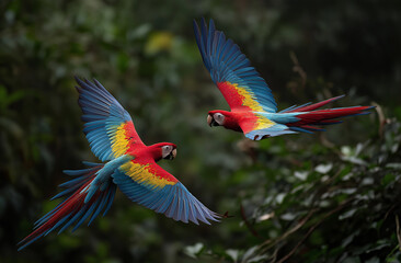 A pair of macaw parrots flying in the air, with vibrant red and yellow feathers