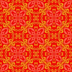Fototapeta premium seamless floral pattern,red curves and painted to create flowers shape,leaves with red background in geometric patterns to as sarong,tile,printed fabric,batik,fabric,tablecloth patterns