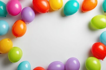 Colorful balloons form a frame on a white background