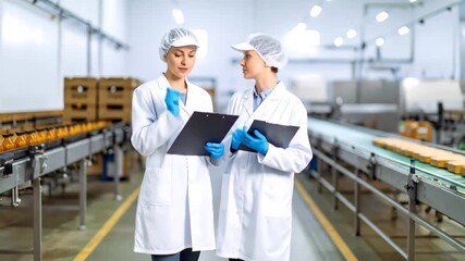 Food factory workers inspect food quality on production line with factory interior. - Powered by Adobe