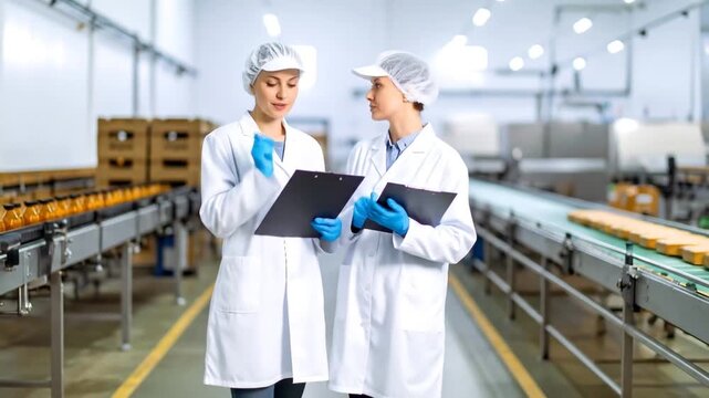 Food factory workers inspect food quality on production line with factory interior.