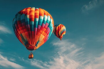 Obraz premium Two colorful hot air balloons ascend against a vibrant blue sky dotted with soft white clouds