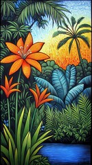 Vibrant Tropical Sunset with Orange Flowers and Lush Foliage