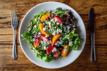 Fresh salad with peaches, tomatoes, and blue cheese on a white plate