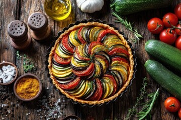 Roasted vegetable tart on rustic wooden table.  Freshly baked, colorful vegetables arranged in a spiral pattern within a flaky crust.  