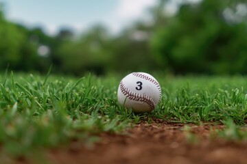 Baseball resting on a grassy field. A close-up view of a baseball with the number 3 on it, sitting atop a patch of short grass, and with the blurred background of a park or field