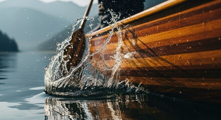 Canoe cutting through water, paddle creating a splash, mountains hazy background