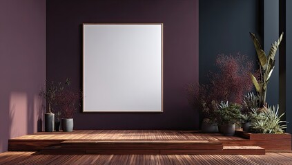 A minimalist interior scene featuring a large, blank framed canvas on a deep maroon wall above a raised wooden platform with potted plants.  Sunlight streams in from an unseen window