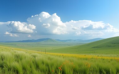 Fototapeta premium A panoramic view on a hilly landscape of Xilinhot in Inner Mongolia. Endless grassland with a few wildflowers between. Blue sky with thick, white clouds. Higher hills in the back. Mongolian grassland