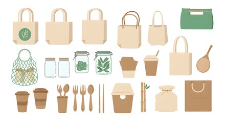 Eco-friendly Tote Bags Jars Food Containers Disposable Coffee Cups Wooden Utensils Shopping Paper Bag