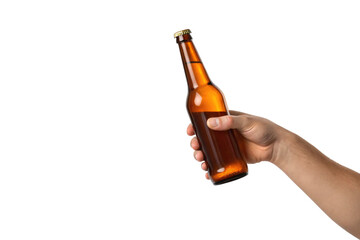 Single hand holding brown glass beer bottle with golden cap in casual grip, isolated on a transparent background