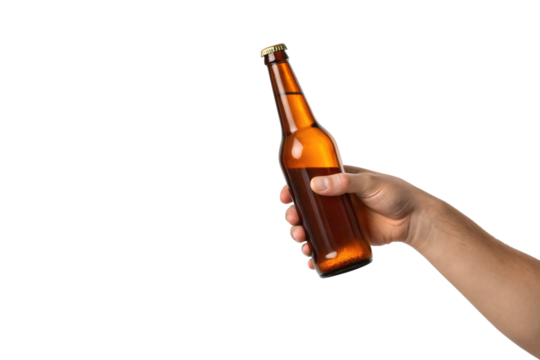 Single hand holding brown glass beer bottle with golden cap in casual grip, isolated on a transparent background
