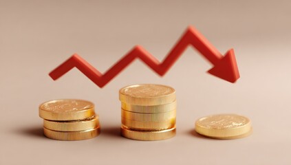 Gold coins with a downward-trending red line graph