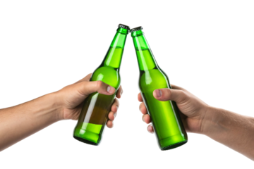 Two hands clinking green beer bottles together in friendship toast with bright lighting, isolated on a transparent background