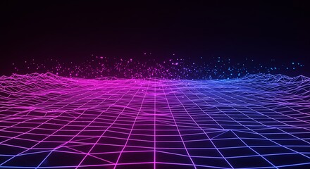 Hypnotic abstract digital landscape with a glowing wireframe grid in vibrant neon pink and blue, representing futuristic data visualization and virtual reality environments.