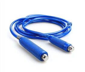 Blue jump rope, coiled, on white background