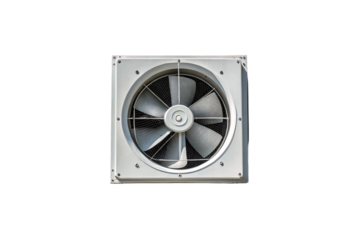 Industrial square exhaust fan with protective grille and mounting frame for ventilation systems, isolated on a transparent background