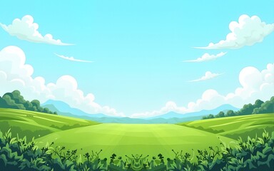 green field with sky background in pixel art style. High quality