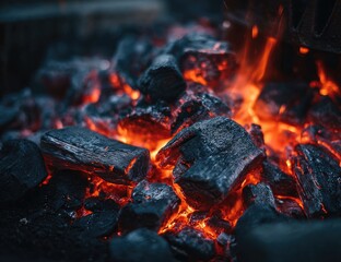 Close-up of glowing embers and flames in a charcoal grill