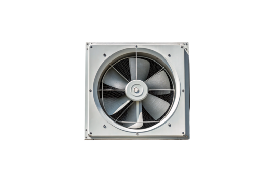 Industrial square exhaust fan with protective grille and mounting frame for ventilation systems, isolated on a transparent background