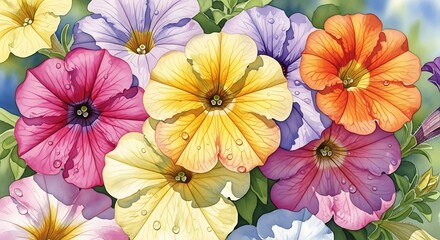 Watercolor petunia flowers bloom in vibrant hues creating a colorful floral artwork