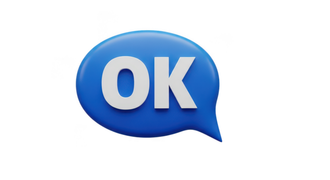 3D Render: Blue Speech Bubble OK Sign, Transparent Background, PNG