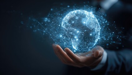 A person's hands gently cradle a luminous, digital globe, intricate network connections glowing brightly, suggesting global connectivity and technological advancement