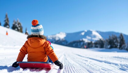 雪山のゲレンデでソリを楽しむ子供