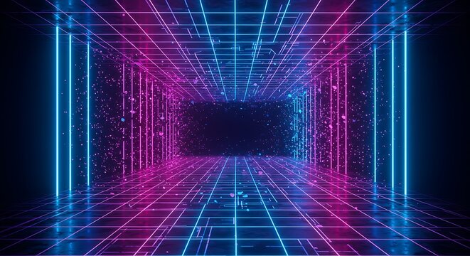 Abstract neon tunnel with vibrant blue and pink lines, creating an immersive futuristic perspective