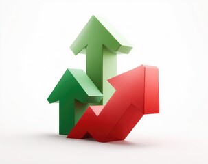 Three dimensional upward-pointing arrows, green and red,  intertwined against a plain white background.  The arrows represent growth and progress