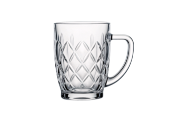 Glass mug with geometric diamond lattice pattern etched into lower half of drinking vessel, isolated on a transparent background