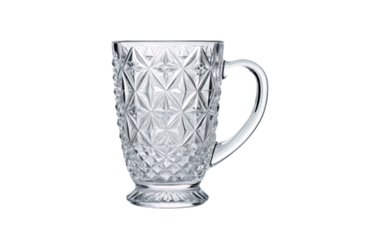 Ornate crystal beer mug with intricate star and diamond cut pattern covering entire surface, isolated on a transparent background