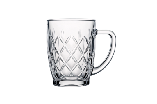 Glass mug with geometric diamond lattice pattern etched into lower half of drinking vessel, isolated on a transparent background