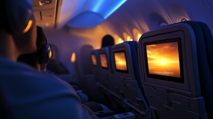 A passenger immersed in the in-flight entertainment system, illuminated seatback screen, and soothing cabin lighting create a cinematic experience.