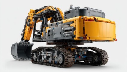 Fototapeta premium Detailed rear view of a large yellow and gray construction vehicle. Articulated arm, bucket, and tracks are clearly visible. Complex mechanical design